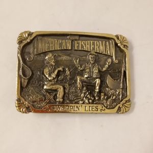 Vintage American Fisherman SWAPPIN LIES Brass Belt Buckle 2" X 2.75